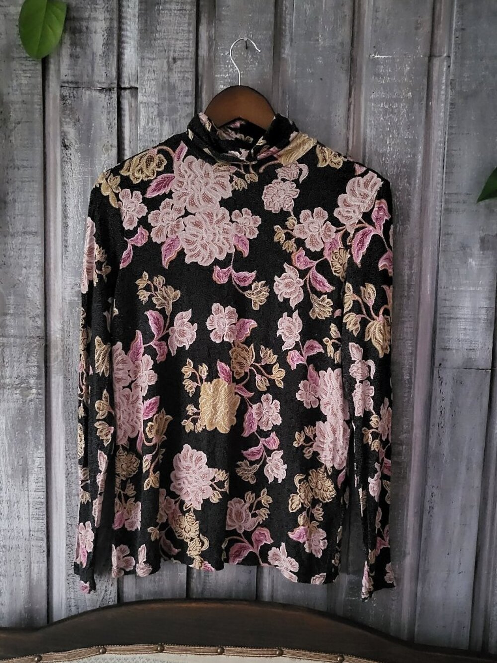 Maison d'Amélie Floral Mock Neck Pointelle Knit Long Sleeve Top Medium